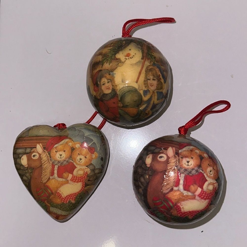 Lot of 3‎ paper decoupaged Christmas tree ornaments with teddy bears & snowmen